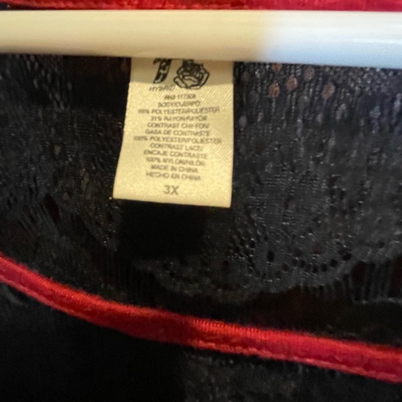Red and black blouse. Sheer back, with lace trim. - Picture 4 of 5